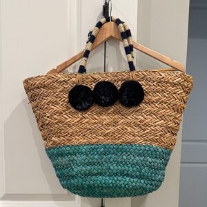 Ann Taylor Woven Tote with Black and Teal Details